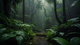 Fototapeta Natura - Lush Forests and Tropical Jungles with Palm Trees and Water Features.