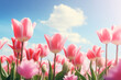 closeup pink tulips on a blue sky background