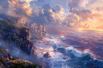  coastal landscape With rugged cliffs and crashing waves carving the coastline,