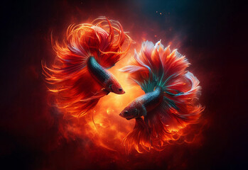 Wall Mural - betta, two, siames fighting fis, fighting fish, fish, action, animal, aquarium, aquatic, art, beauty, biology, color image, colorfull, colours, crumpled, elegance, elegant, enjoyment, exotic, eye, fan