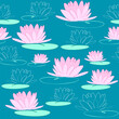 Vector seamless beautiful trendy floral pattern with simple romantic pink water lilies, lotus flowers, and leaves on a dark turquoise background for wallpaper, textiles, tableware, wrapping paper