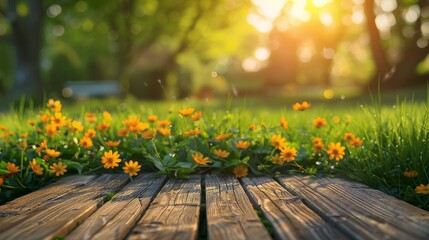 Wall Mural - A wooden table with a cup of coffee and a vase of flowers