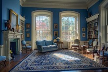 Library Denroom Home Interior Design And Decoration Blue Color Classic Decorate In Classic Formal Living Room With Big Window And Daylight Home Interior Design Concept