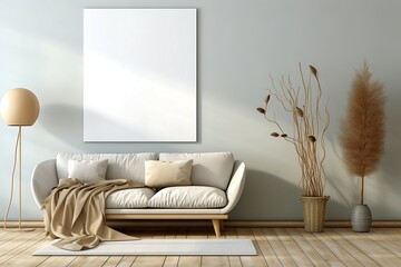 Minimalistic Living Room Elegance: Blank Horizontal Frame Mockup in Light-Colored Interior with White and Gold Sofa and Armchair, Enhanced by Green Accents