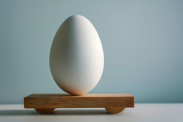 Wall Mural - a white egg sitting on top of a wooden stand on top of a light blue background with a light blue wall in the background.