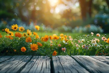 Wall Mural - A wooden table with a cup of coffee and a vase of flowers