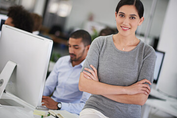 Sticker - Woman, desk and arms with coworker or computer for work, technology in workplace for brand. Female employee and confidence with smile in office for job, content creator or web designer and happy