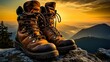 Close up hiking boots in mountain landscape adventure traveler walking outdoors in nature panorama
