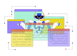 Poster - AI decision management 2D linear illustration concept. Cognitive computing. Machine learning cartoon character isolated on white. Software application metaphor abstract flat vector outline graphic