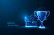 Business achievement, accomplishment, competetive advantage futuristic concept on blue background