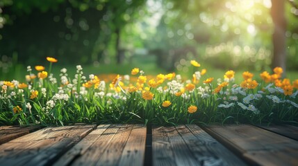 Wall Mural - A wooden table with a cup of coffee and a vase of flowers