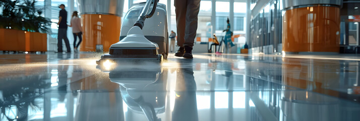 Wall Mural - Large office building cleaning service staff using vacuum cleaner on floor with people in background