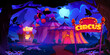 Night carnival park entrance with circus amusement illustration. Fun childish festival cartoon design with neon marquee light. Weekend in forest fairground. Attraction and celebration with balloon