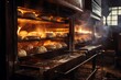 A large industrial oven in a bakery is filled with numerous loaves of bread. The golden-brown loaves are baking to perfection, emitting a warm and inviting aroma throughout the bakery