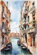 Picturesque view of a narrow street with medieval buildings and a water canal with boats in Venice, Italy. Watercolor painting.
