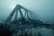 Collapsed bridge, foggy dawn, side perspective, isolation, catastrophic event 