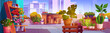 Rooftop garden on cityscape background. Vector cartoon illustration of terrace on top of modern skyscraper, green plants in pots, blooming flowers in metal buckets on wooden shelves, gardening hobby
