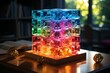 AI generated illustration of transparent glass cubes on a wooden table illuminated with lights