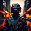 AI generated illustration of a man wearing a protective helmet in an urban setting