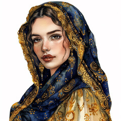 Wall Mural - Watercolor Morocco woman wearing a blue and gold scarf with gold beads on her head