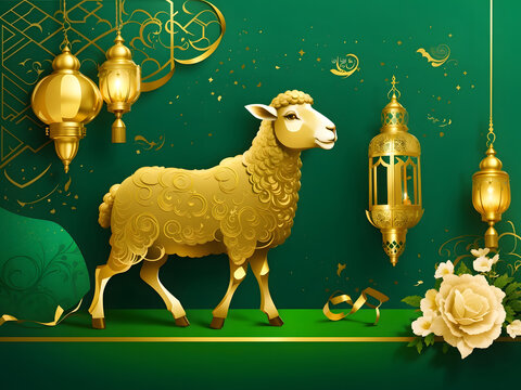Muslim holiday Eid al-Adha. Design Goldeneep. Graphic sign decoration Kurban bayrami. month lamb and a lamp, green background design