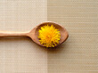 household item, wooden kitchen spoon with one yellow dandelion on yellow and white striped tablecloth, place for text and logo	

