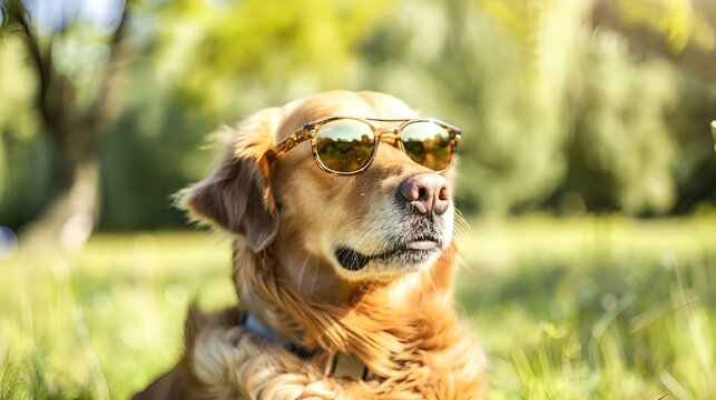 a brown dog wearing sunglasses lies in the grass outside on the sunny day