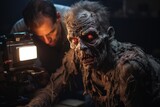 Fototapeta  - Makeup artists transforming actors into zombies for a horror movie makeup test