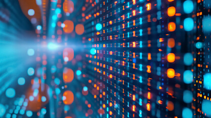 Abstract concept of blue digital data streaming, with lights representing bits and speed in a cyber network.