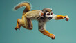 a Squirrel monkey Jumping, studio shot, against solid color background, hyperrealistic photography, blank space for writing