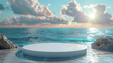 Fototapeta Dziecięca - 3d luxury white podium with blur ocean and blue sky for your luxury product.Generative AI