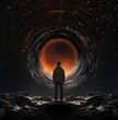 AI generated illustration of a person standing in front of an ominous black hole