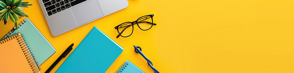 Poster - A laptop computer placed on top of a bright yellow desk in a minimalist office setting