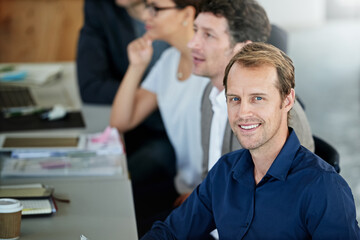 Poster - People, meeting and portrait with smile in office for team at table with planning in business. Businesspeople, desk and agency with collaboration for strategy with communication, company and teamwork