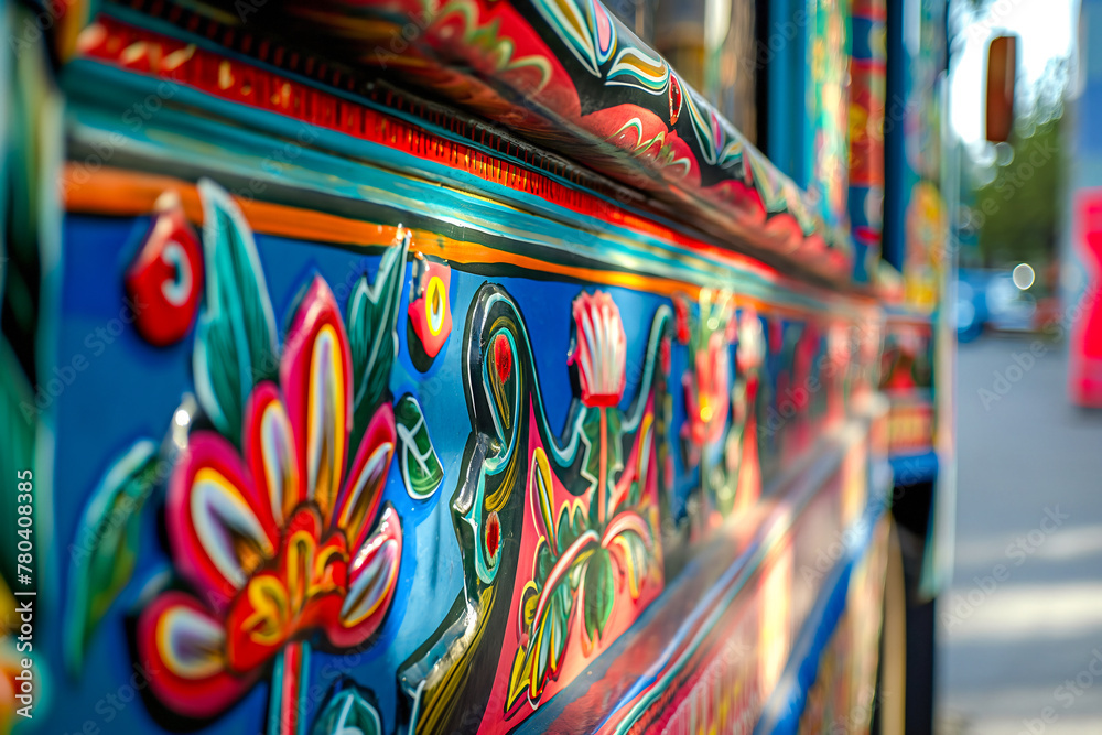 AI generated illustration of a vibrant painted bus with open doors ...