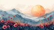 A dreamy digital illustration of colorful poppies blooming vibrantly against a soft, misty mountainous landscape. Generative AI