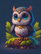 AI generated illustration of an adorable small cartoon owl perched upon a rock