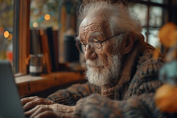 Wall Mural - an old man wearing glasses sitting at a laptop computer looking at something