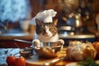 Whimsical image of a cat wearing a chef's hat, pretending to cook in a kitchen setting