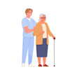 Elderly people support. Vector illustration of senior woman with walking stick and a young male nurse helping her. Isolated on transparent background 