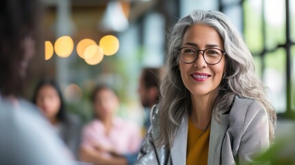 Smiling stylish mature middle aged woman sits at desk portrait. Happy older senior businesswoman, 60s grey-haired lady looking at camera sitting at office table