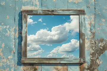 Wall Mural - Wooden window square framed against a skyline cloud backdrop, blending the natural and urban in a style.