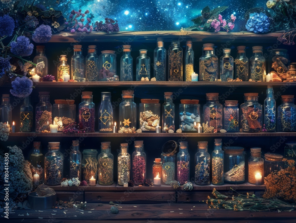 Mythical Elixir Mystical Elixirs, glass vials labeled with alchemical symbols, shelves ...