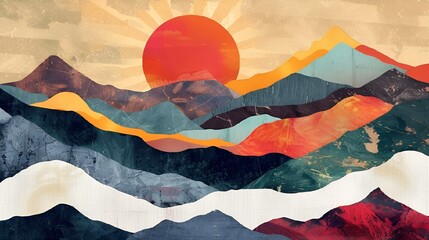 Wall Mural - ai generated illustration of mountains with sunrise in the backdrop
