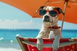 A cool dog with sunglasses lounges under an umbrella on a beach chair, epitomizing summer relaxation