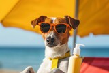 Fototapeta Sport - Stylish dog in shades relaxes under a sunny beach umbrella with sunscreen close by