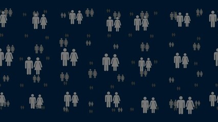 Poster - Man with woman symbols float horizontally from left to right. Parallax fly effect. Floating symbols are located randomly. Seamless looped 4k animation on dark blue background