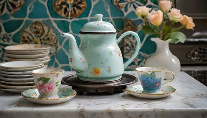 Wall Mural - Colorful floral design adorning a teapot, AI-generated.