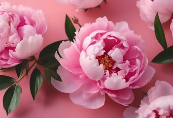 Wall Mural - ai generated illustration of pink peonies with green leaves on a soft pink background