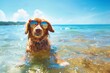 Dog wearing sunglasses having fun in the sun at a sandy beach